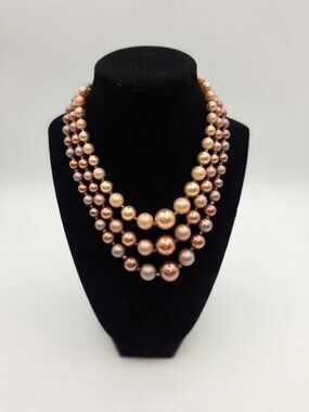 Vintage 1950s Made in Japan Triple Strand Faux Pearl Necklace Champagne Mauve